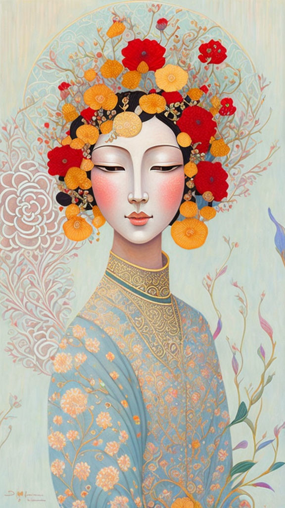 Serene woman with floral headdress in traditional attire and pastel hues