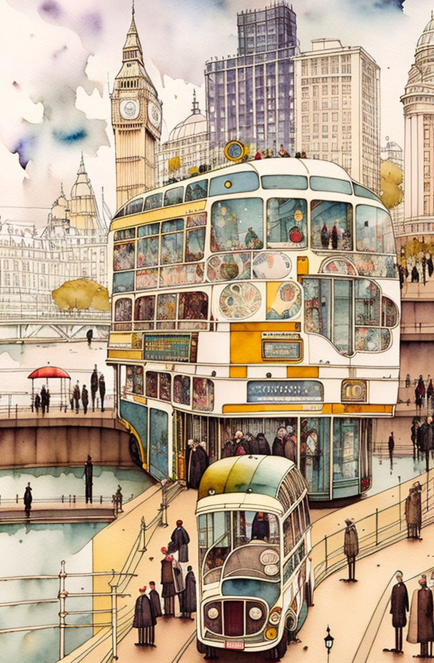 Whimsical vintage double-decker bus in colorful London scene