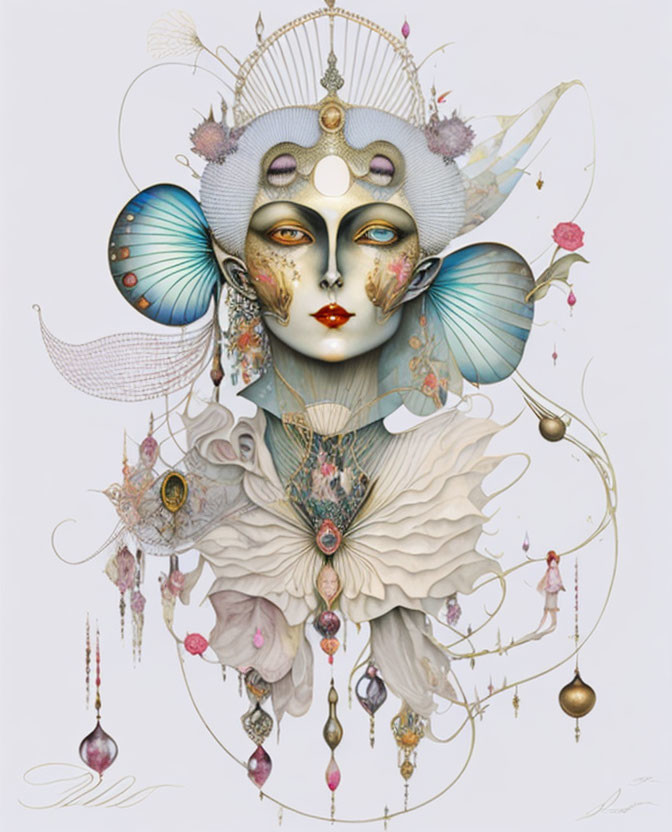 Celestial being with butterfly wings and ornate headdress in pastel colors