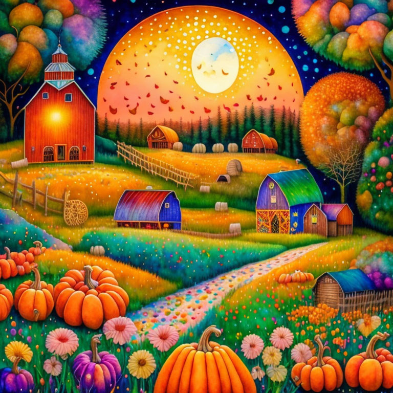 Colorful Harvest Landscape with Barns, Pumpkins, Fields, Trees, Moon, and Birds