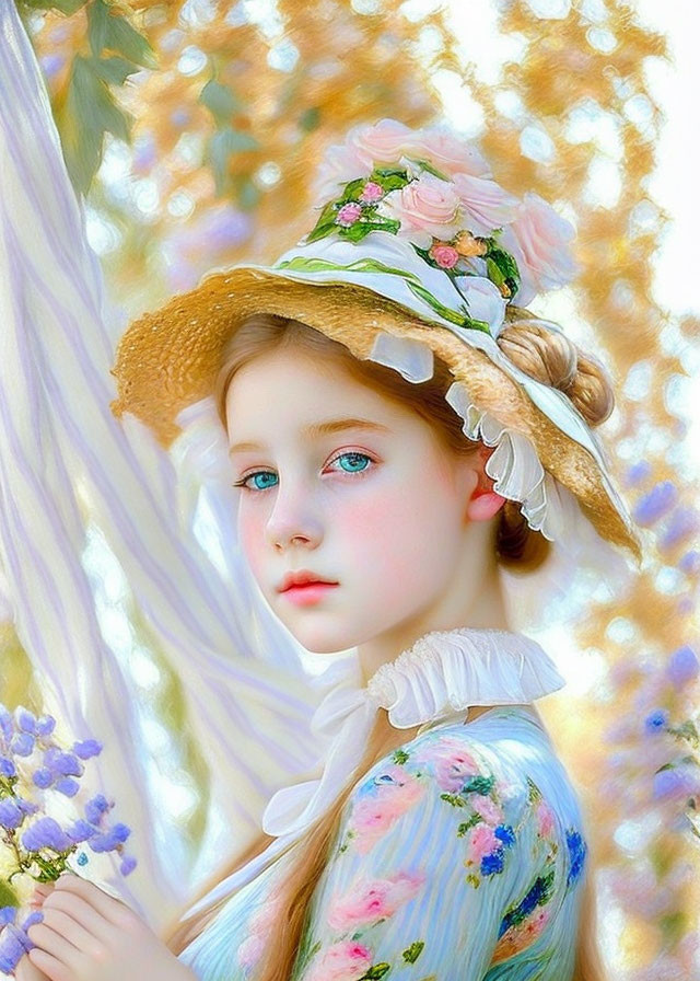 Girl in floral dress and straw hat with pink roses, surrounded by wisteria and golden backdrop.