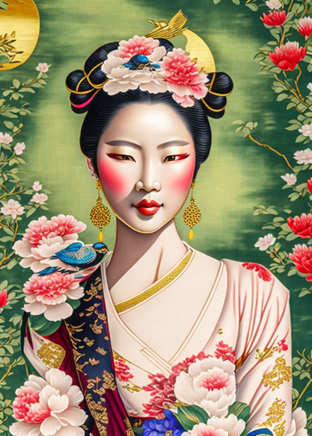 Illustration of woman in East Asian makeup with floral hair accessories against crescent moon backdrop