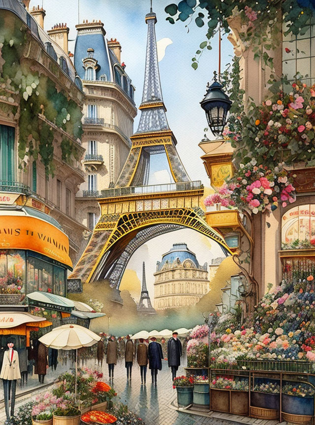 Vibrant Parisian street scene with Eiffel Tower in background