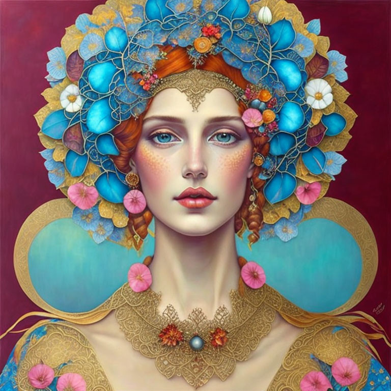 Stylized portrait of a woman with red hair in blue and gold floral headpiece