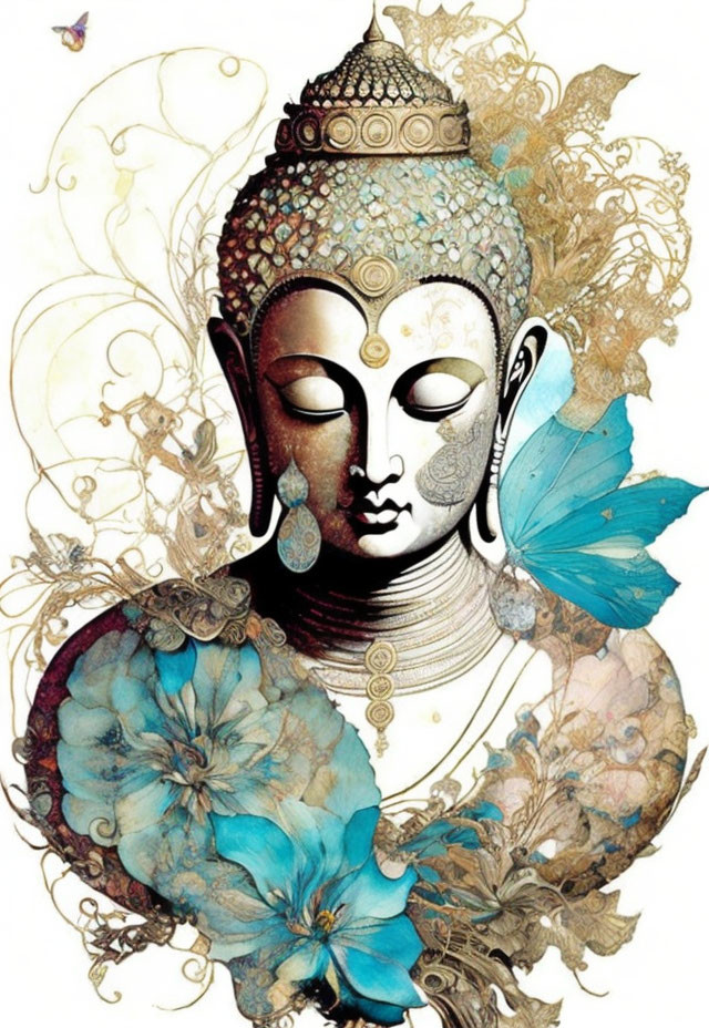 Buddha portrait with gold patterns, blue flowers, and butterfly