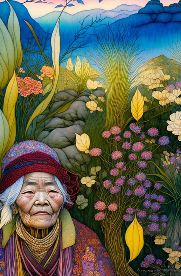 Elderly woman surrounded by lush flora and serene landscape