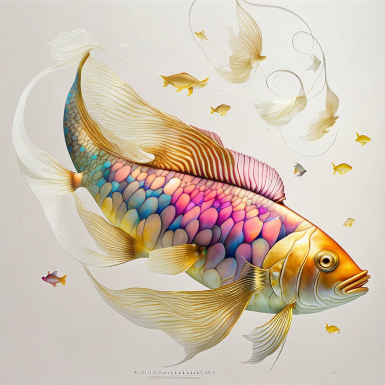 Vibrant digital fish illustration with rainbow pattern and flowing fins