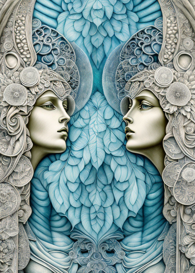 Symmetrical faces with ornate headdresses in blue monochrome palette