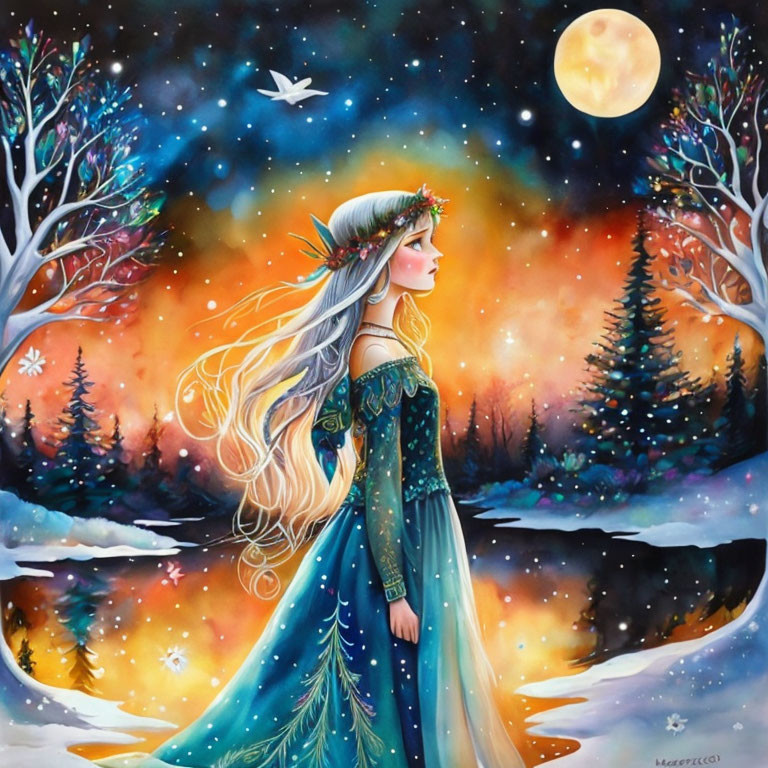 Colorful illustration: Woman in star gown under full moon