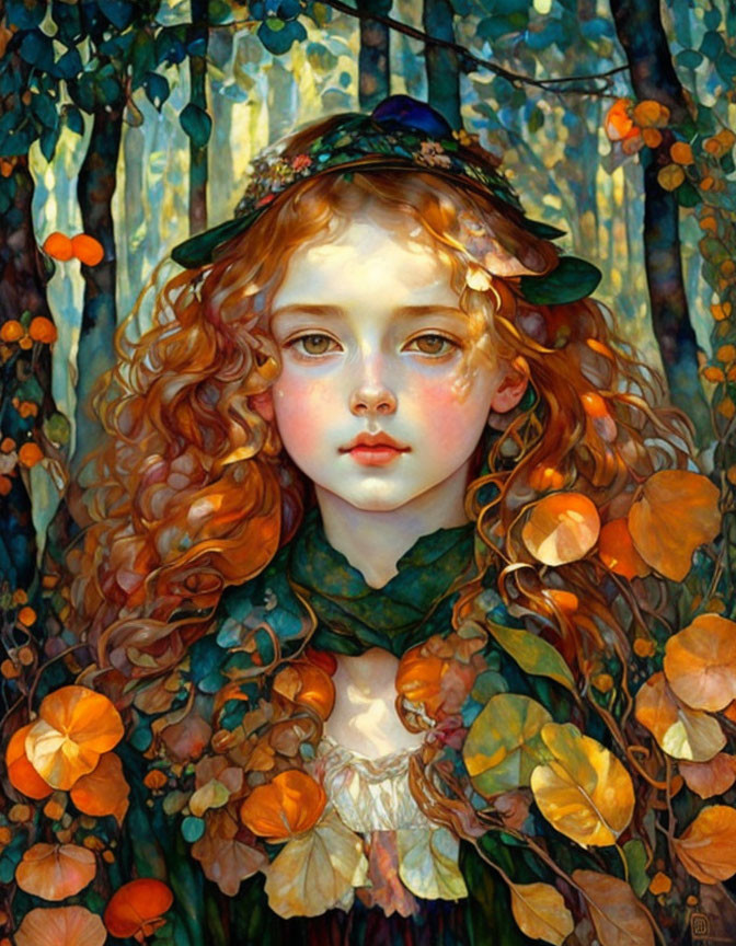 Young girl with curly red hair in green hat among autumn forest.