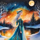 Colorful illustration: Woman in star gown under full moon