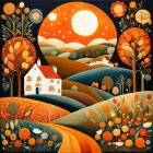 Colorful Harvest Landscape with Barns, Pumpkins, Fields, Trees, Moon, and Birds