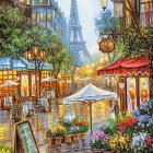 Vibrant Parisian street scene with Eiffel Tower in background