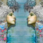 Symmetrical faces with ornate headdresses in blue monochrome palette