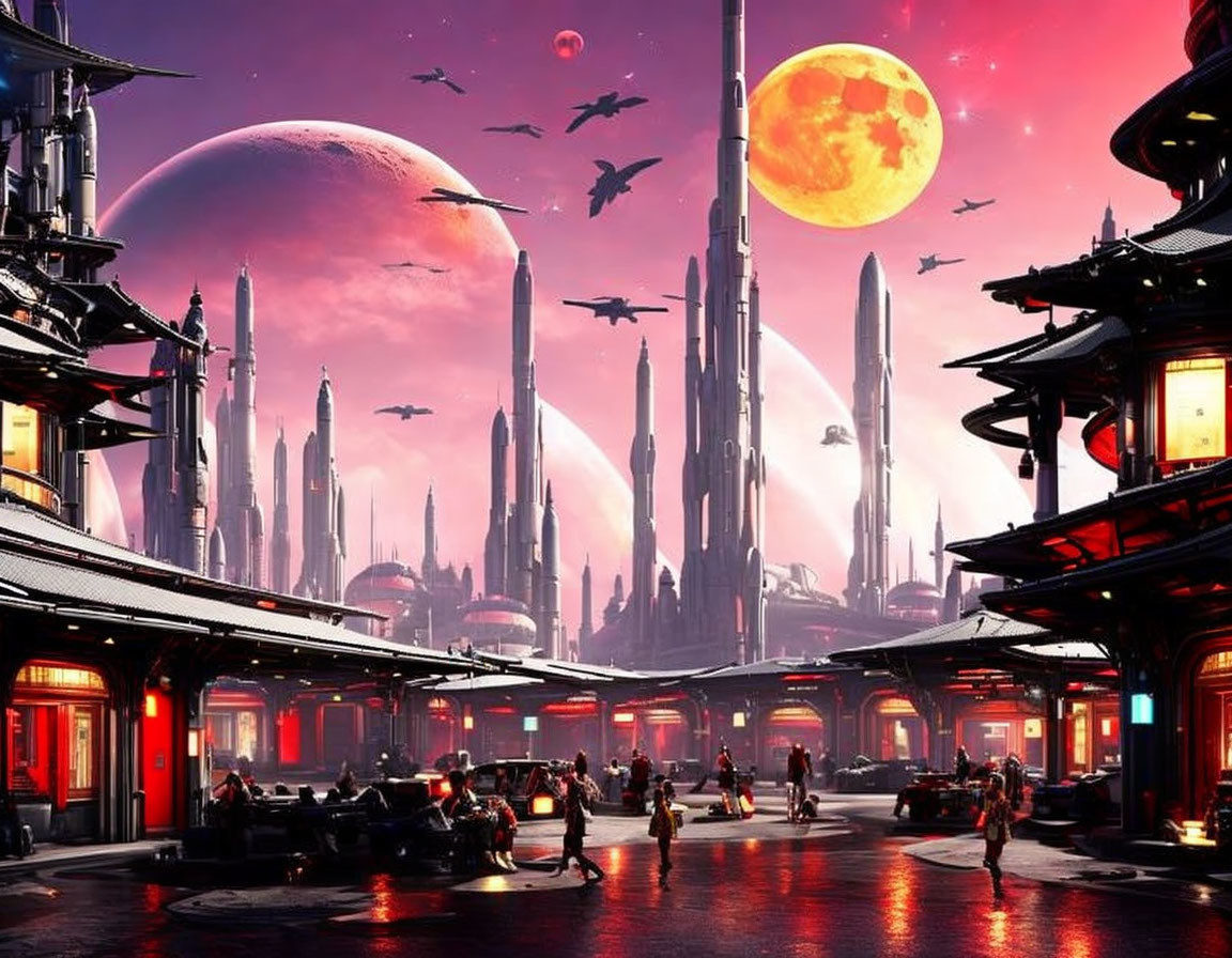 Futuristic cityscape at dusk with towering spires, moons, people, and neon lights