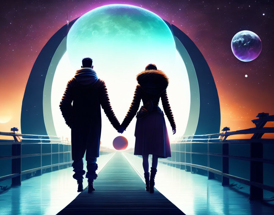 Silhouetted couple holding hands on bridge with moon, planet, and sunset sky