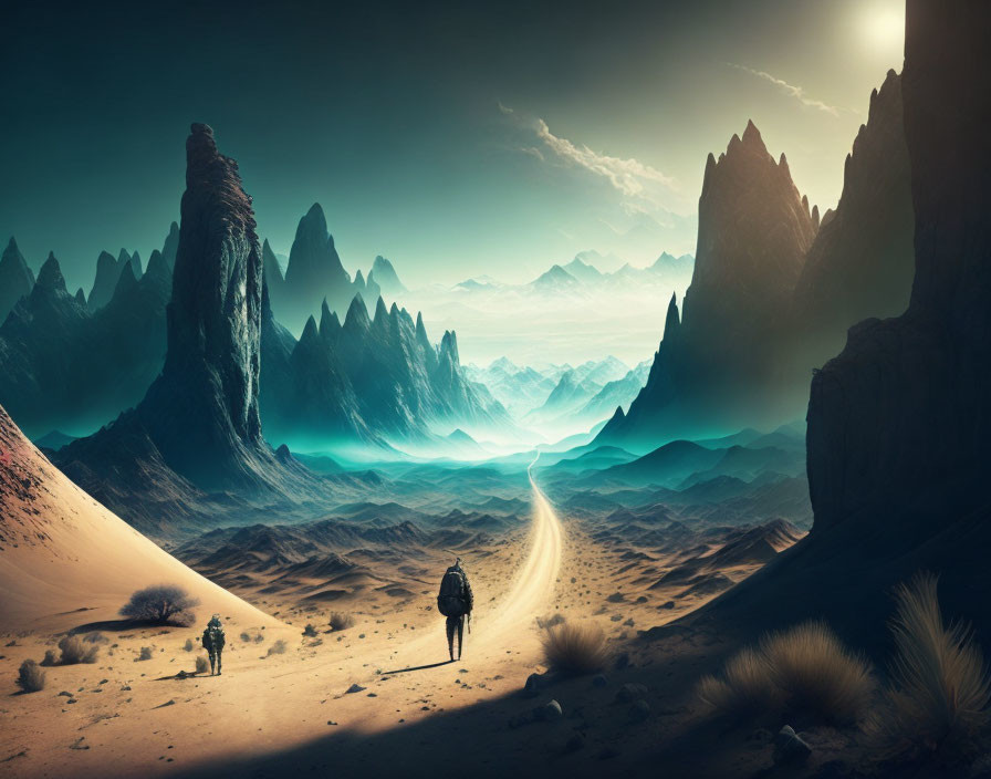 Solitary figure walking in dreamlike desert landscape with rocky spires and blue light