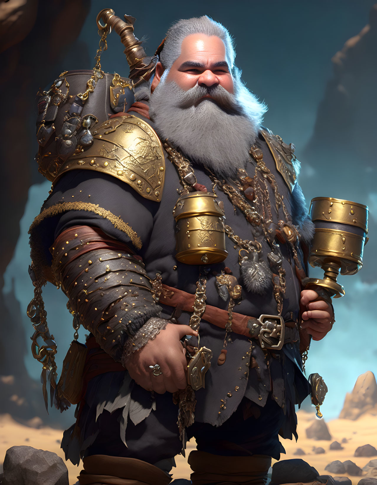 Bearded character in ornate armor with tankards, against sky and rock backdrop