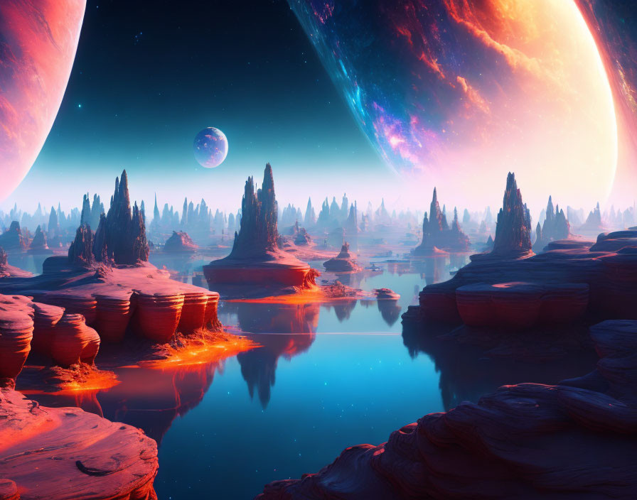Sci-fi landscape with towering rock formations and celestial bodies