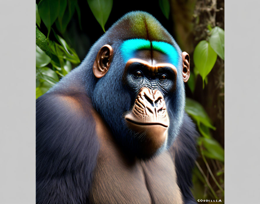 Colorful Mandrill with Blue and Red Facial Features in Green Foliage