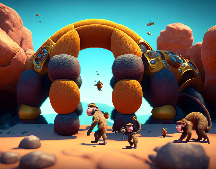 3D illustration of monkeys with oversized headphones in surreal desert