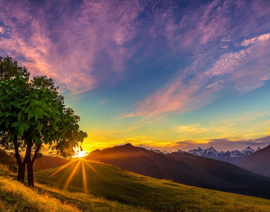 Scenic sunset over mountains with radiant beams and lone tree