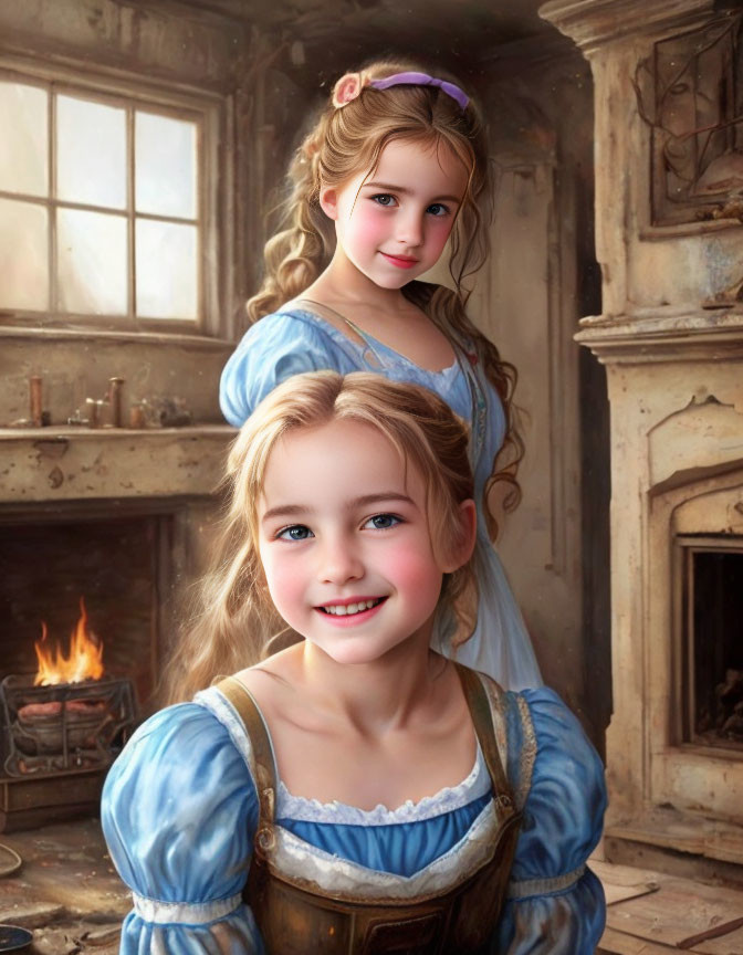 Two girls in vintage dresses in old-fashioned room with fireplace