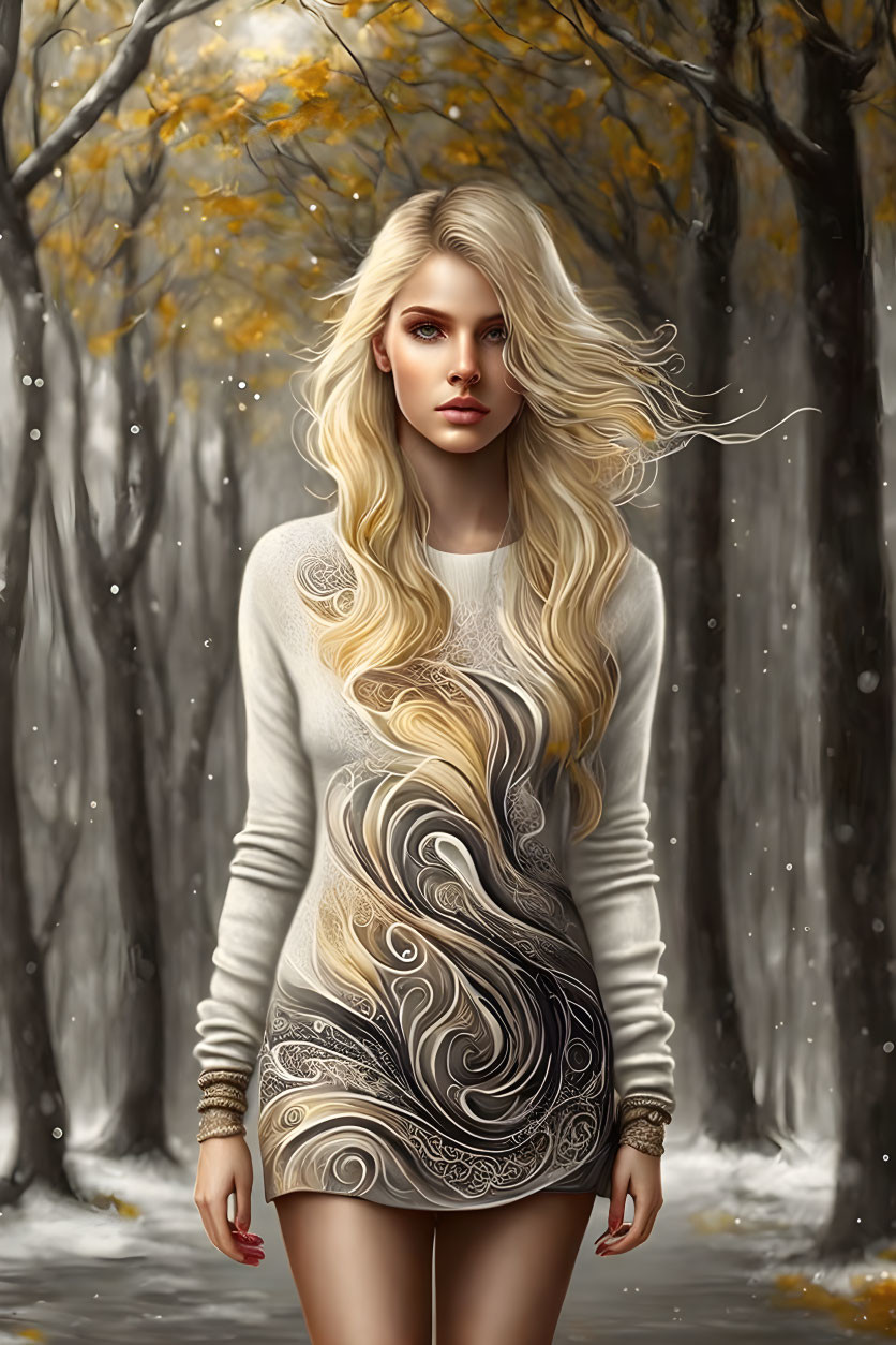 Blonde woman in white dress in autumn forest with falling snowflakes