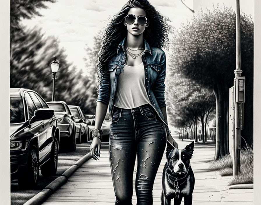 Woman walking dog in denim outfit on city sidewalk.