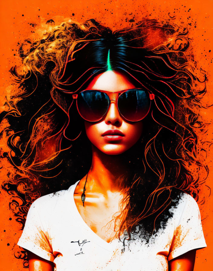 Vibrant portrait with flowing hair and sunglasses on orange splattered background