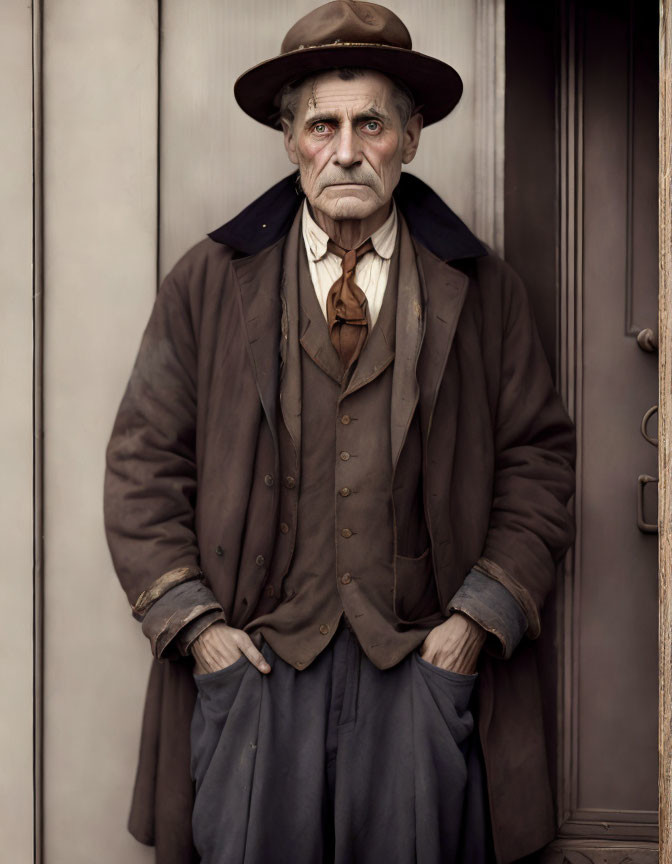 Elderly man in period attire with top hat and suit standing before wooden door