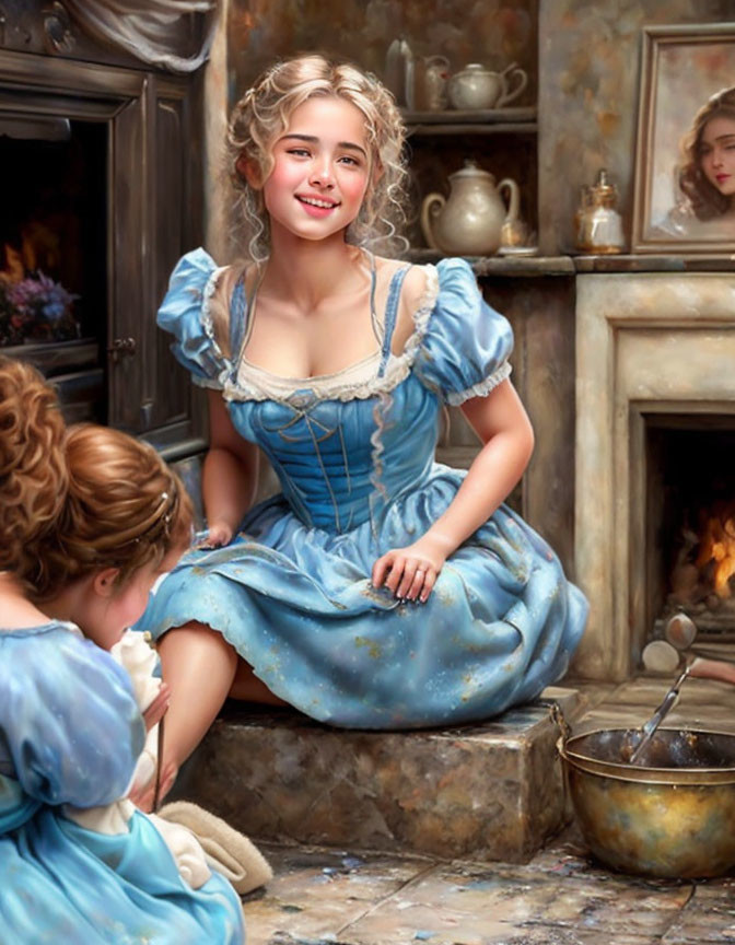 Historical woman in blue dress smiling by fireplace with children in rustic room.