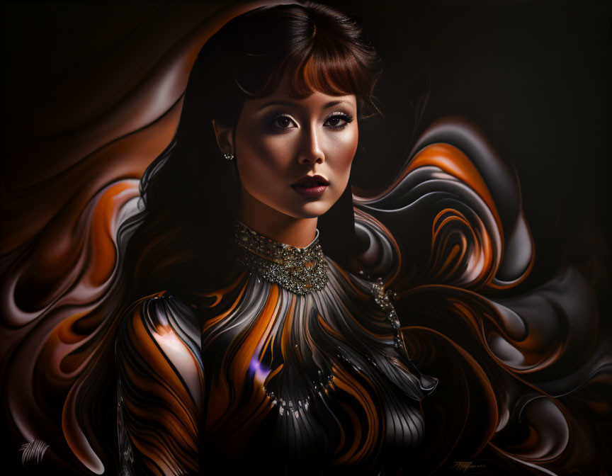 Digital artwork: Woman portrait with flowing, stylized hair and warm brown tones