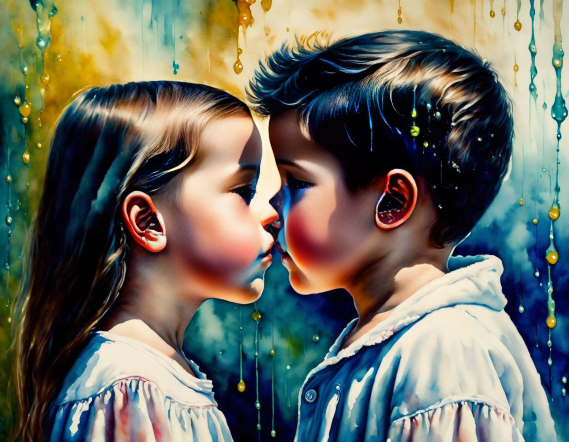 Vibrant painting: Two children with touching noses on colorful background