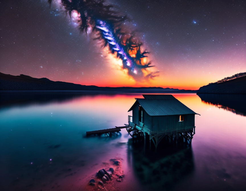 Twilight lake scene with boathouse under vibrant Milky Way galaxy