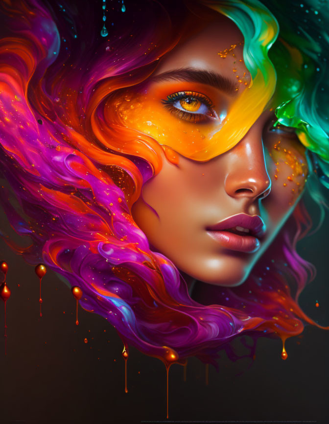 Vibrant flowing hair portrait against cosmic background