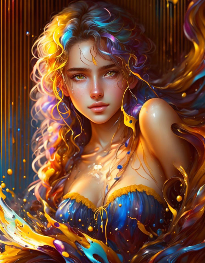 Colorful digital artwork: Woman with flowing multicolored hair and blue-gold dress.