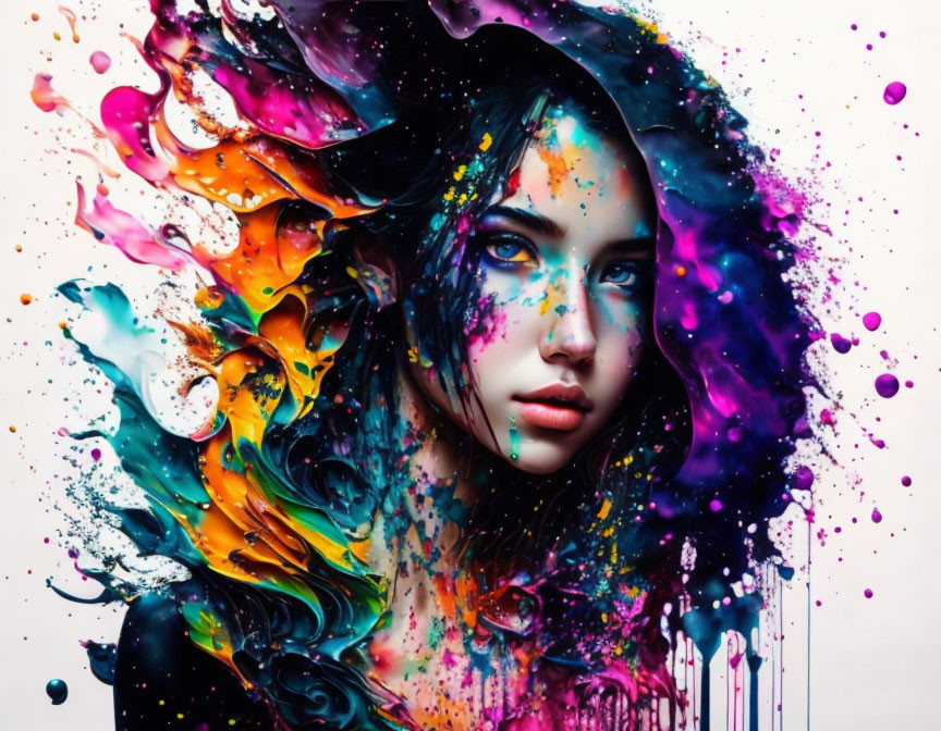 Colorful digital artwork: Woman's face blending with vibrant paint splashes