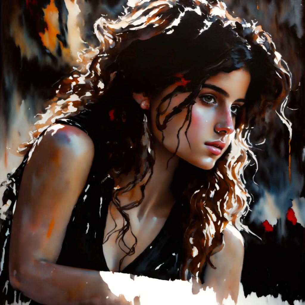 Curly-Haired Woman in Thoughtful Pose on Dark Abstract Background