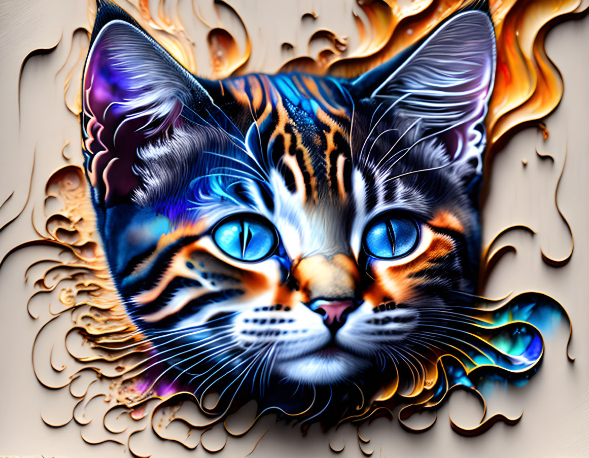 Colorful digital cat art with blue eyes and fiery melting effect