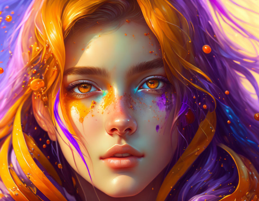 Vibrant orange and purple hair digital portrait with colorful splashes