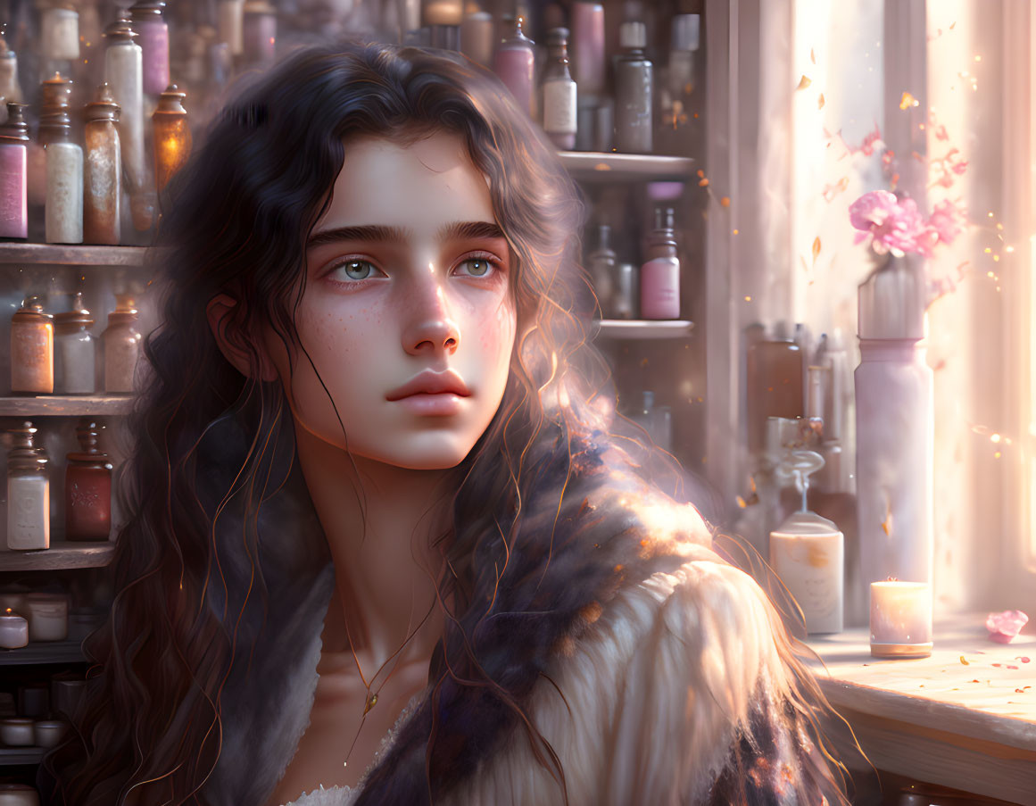 Digital Artwork: Young Woman with Wavy Hair Surrounded by Bottles