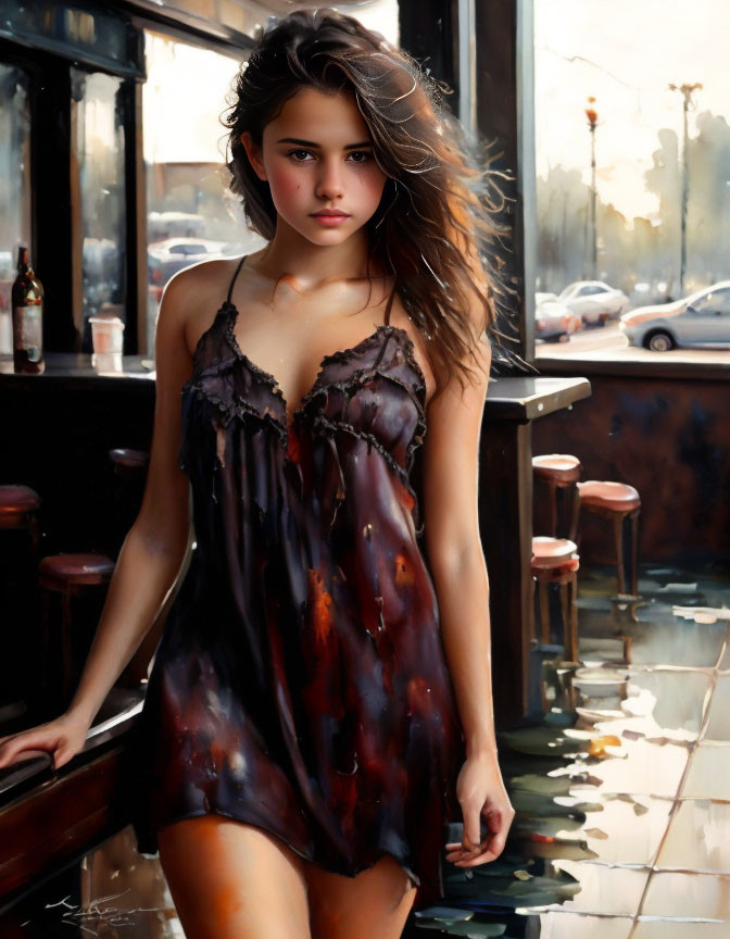 Woman in sheer slip dress indoors with tousled hair and bar stools in background