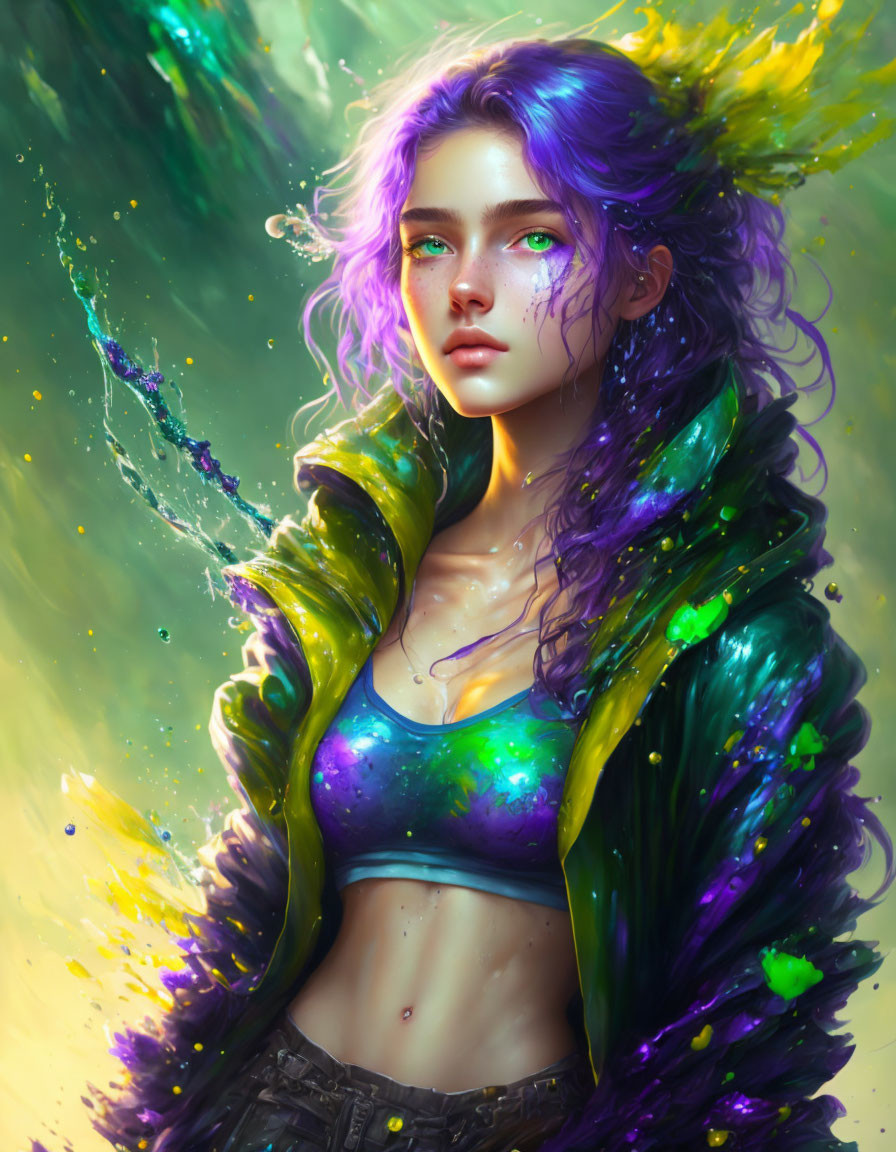 Colorful digital portrait of young woman with purple hair and ethereal green eyes in vibrant jacket against dynamic