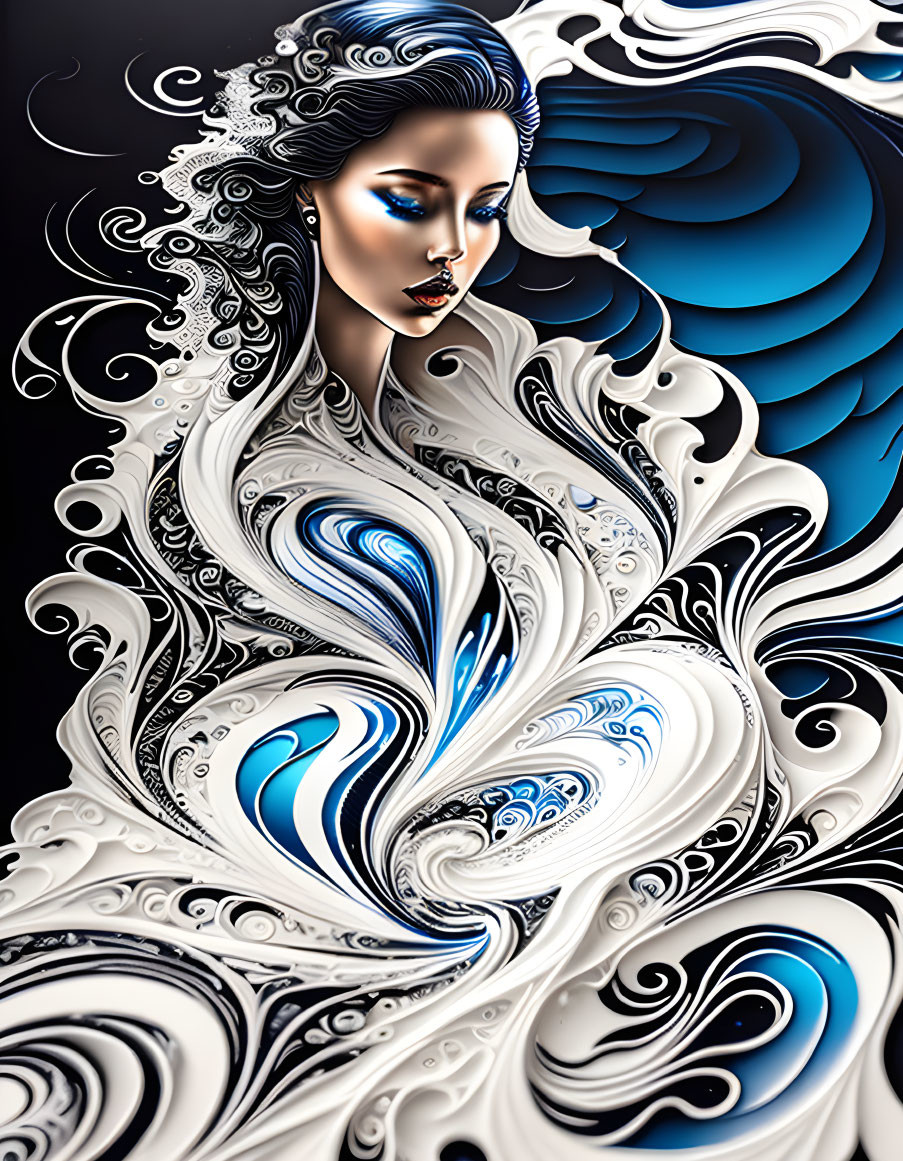 Abstract woman illustration with blue and white swirling patterns