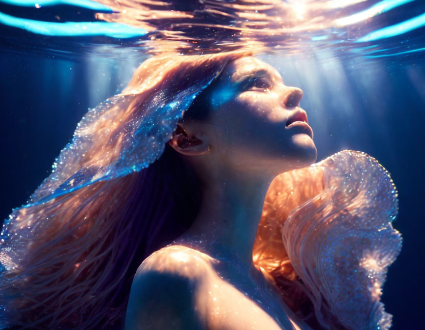 Woman with flowing hair submerged in water under tranquil light