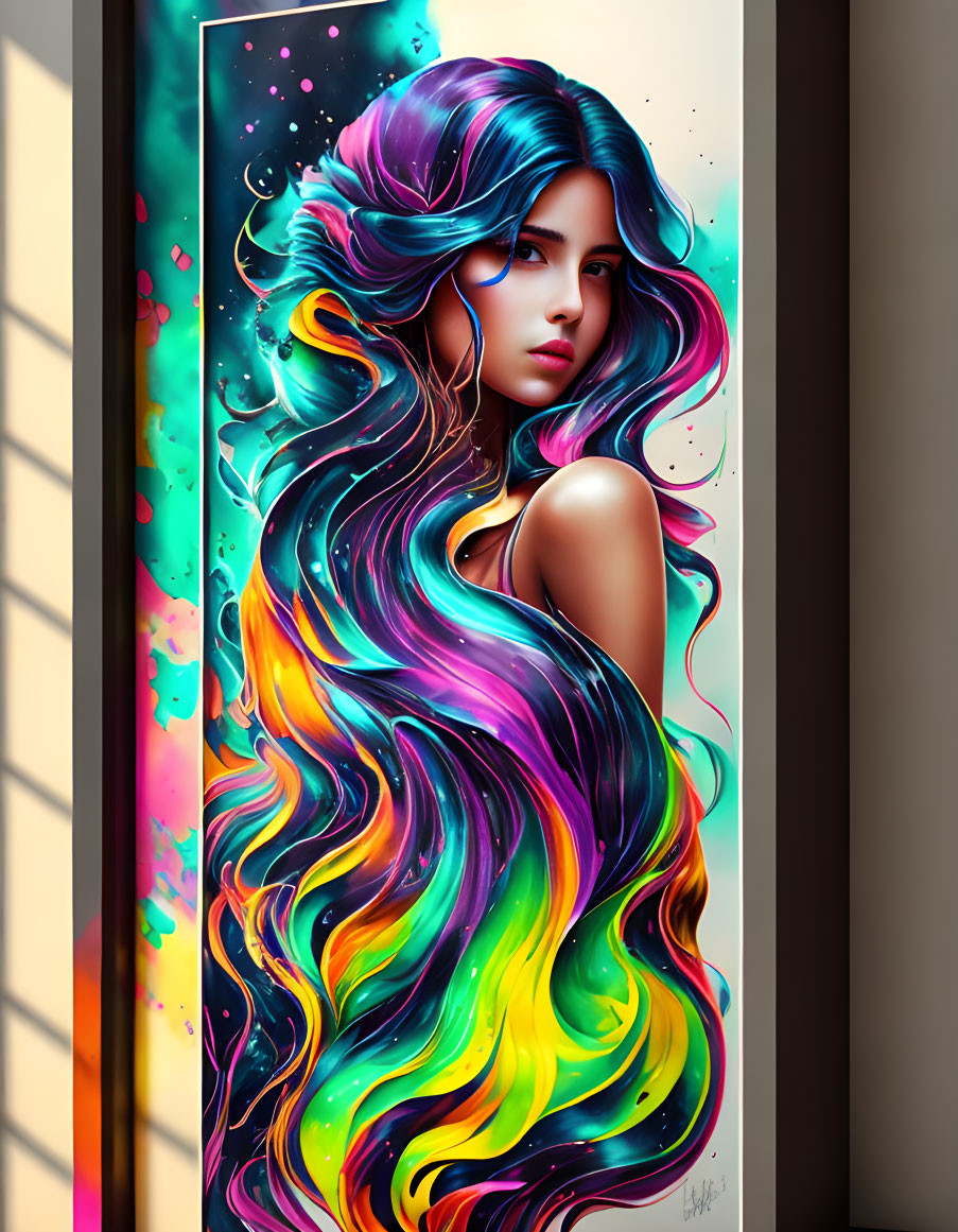 Colorful digital artwork: Woman with flowing hair in cosmic background