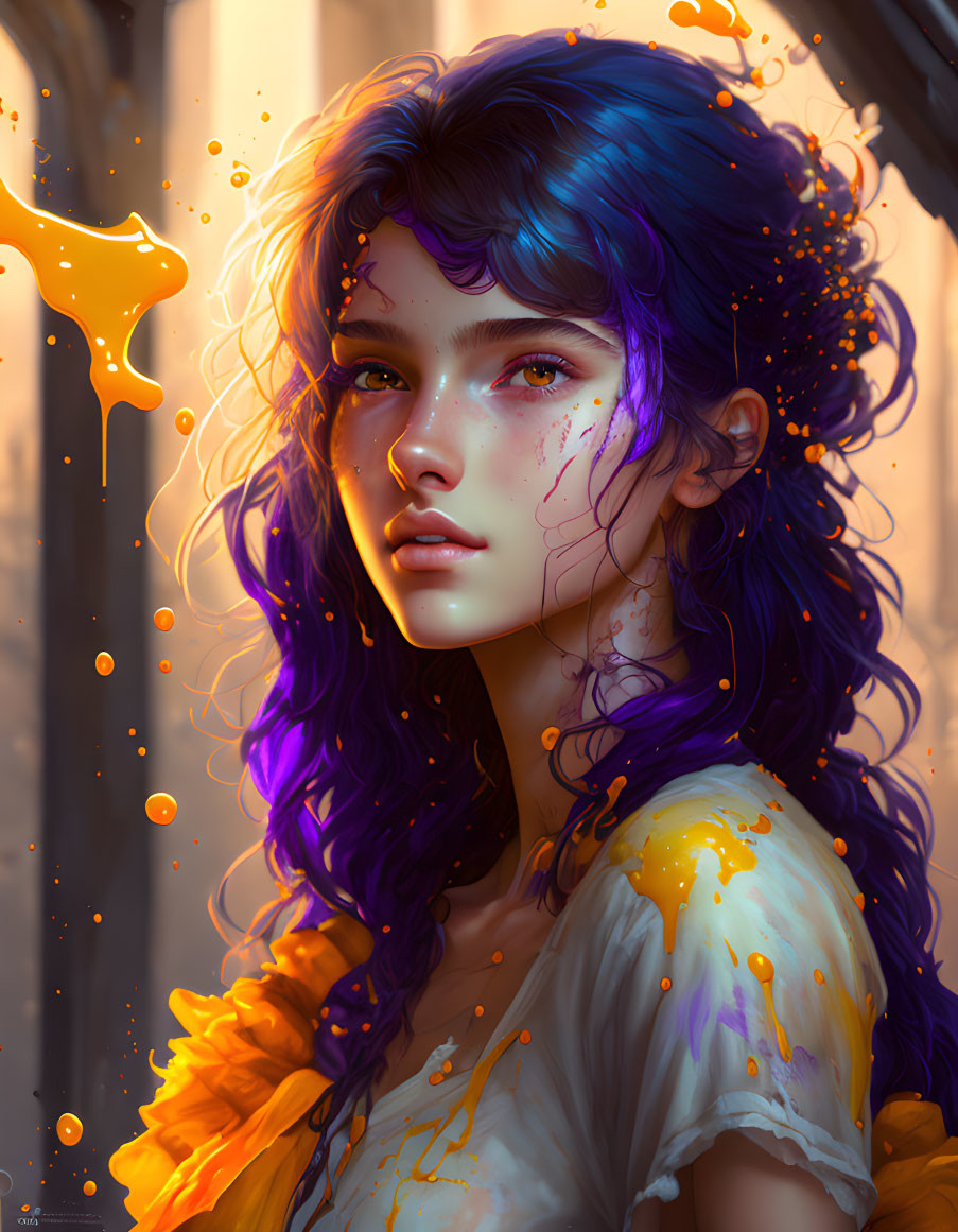 Portrait of Young Person with Purple Hair and Blue Eyes Splattered with Yellow Paint