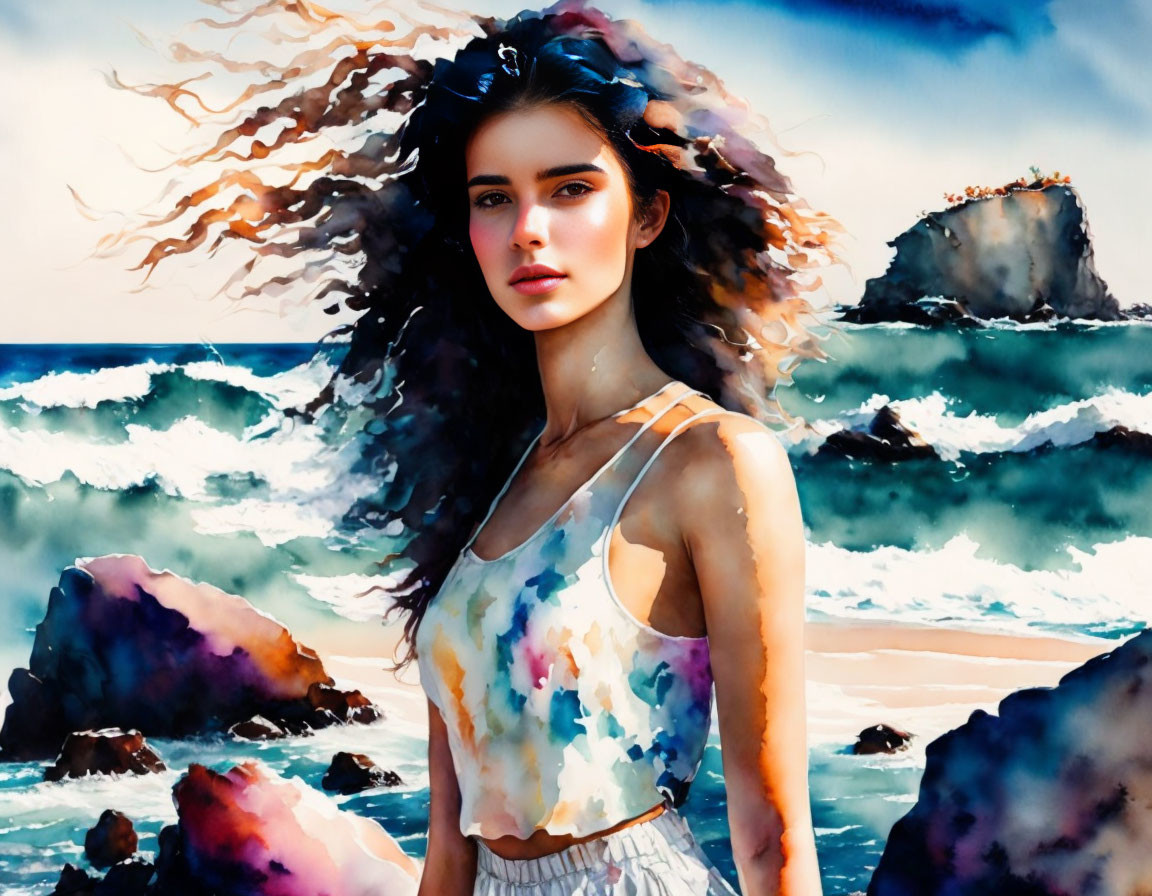 Woman with flowing hair on beach in vibrant watercolor