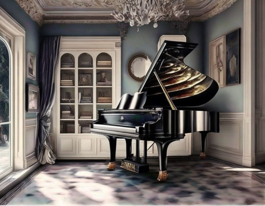 Luxurious room with grand piano, bookshelves, chandelier - classic opulent decor